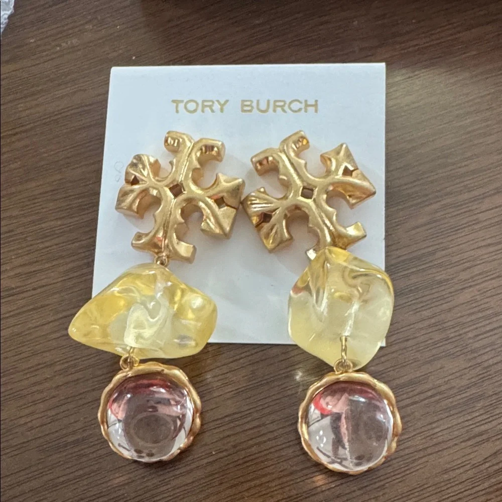 Tory Burch Gold Rolled Brass Double Drop Yellow Clear chunky Earrings $198